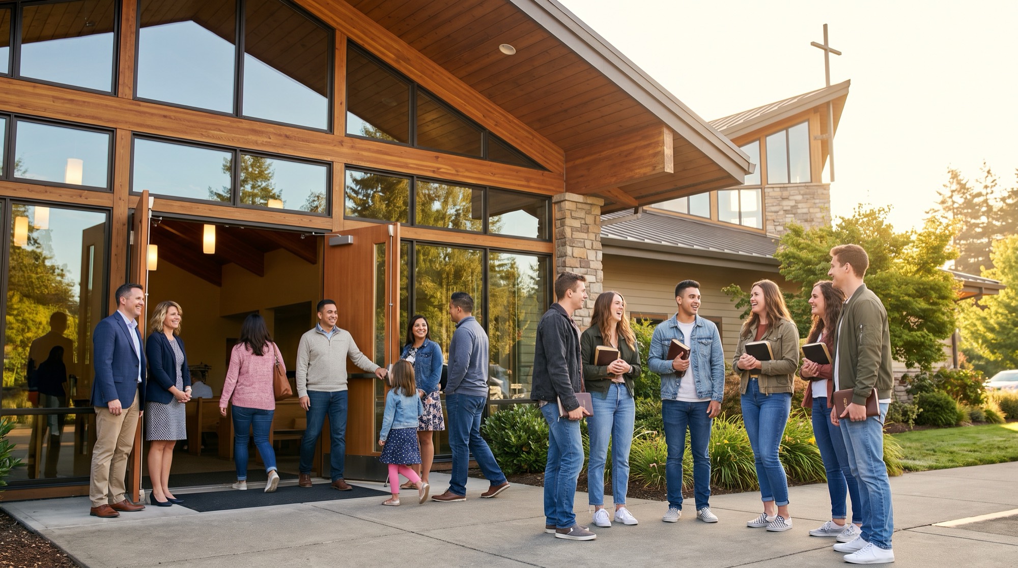 People greeting one another outside the open doors of a church