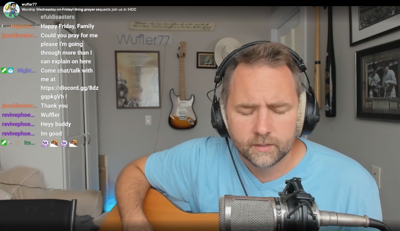 A worship stream on the Hopeful Disasters Twitch channel — in the chat, a viewer asks for prayer