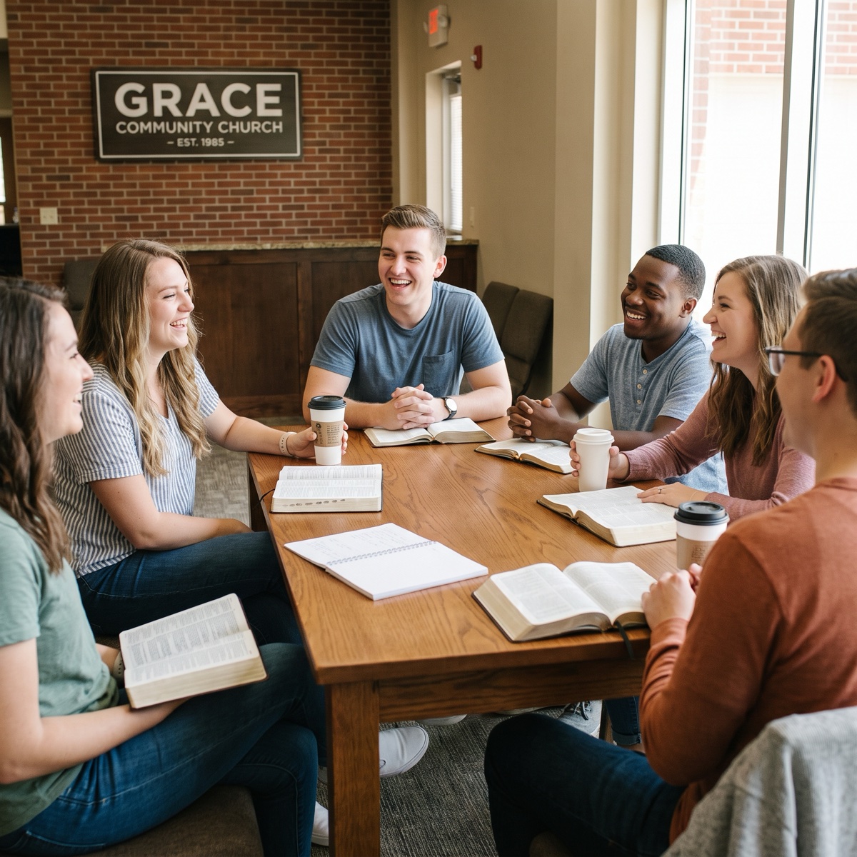 Friends laughing together around a table with open Bibles at church